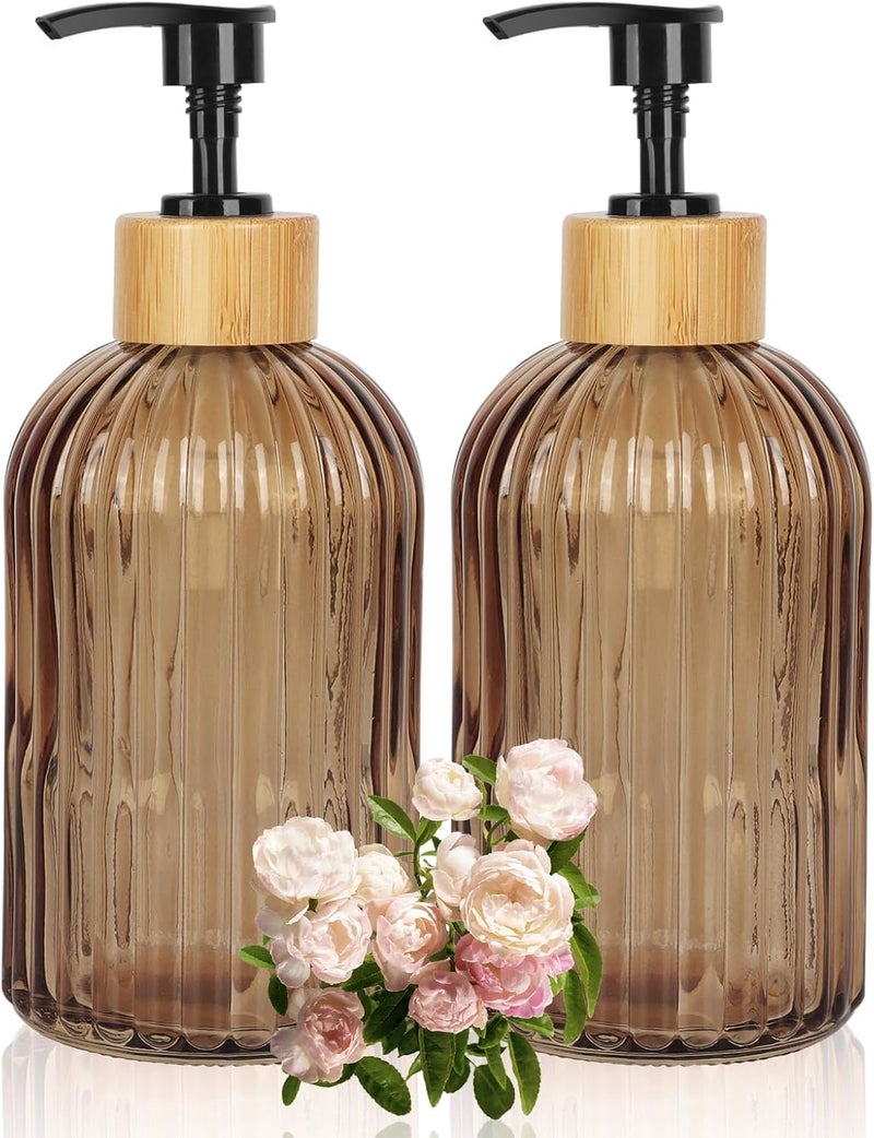 Ulable Amber Glass Soap Dispenser with Pump, 2 Pack 13.5oz Vertical Stripe Design Hand Soap Dispenser for Hand Wash, Dish Wash, Elegant Dispenser for Bathroom and Kitchen - Image 1